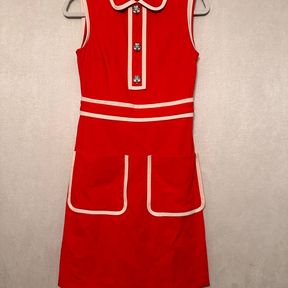 Red Sleeveless Dress with White Trim